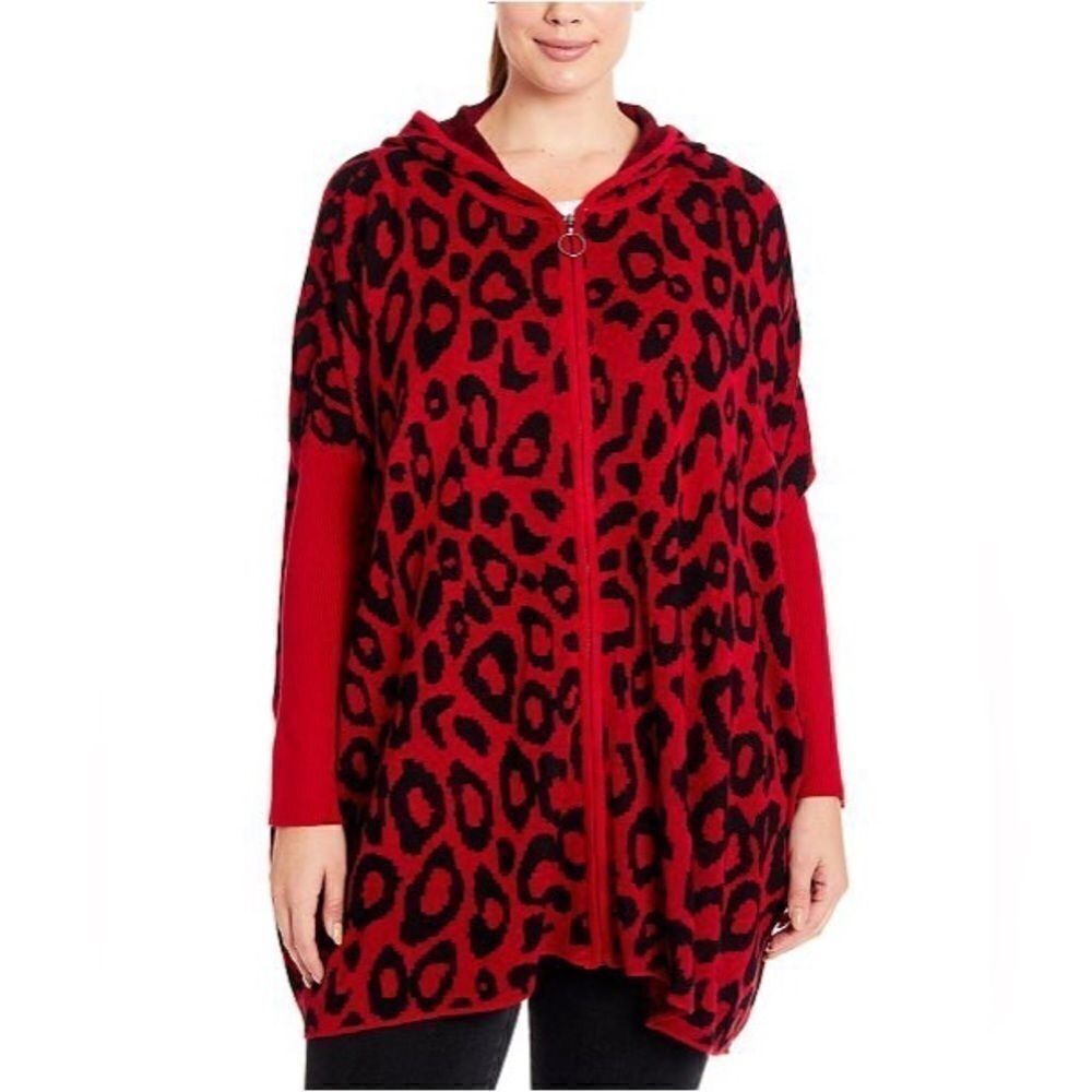 Joseph A. Leopard Knit Hooded Zip-Front Poncho NWT